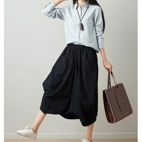 Real shot 2025 summer new literary loose solid color cotton and linen elastic waist skirt lantern skirt woman #1381 #