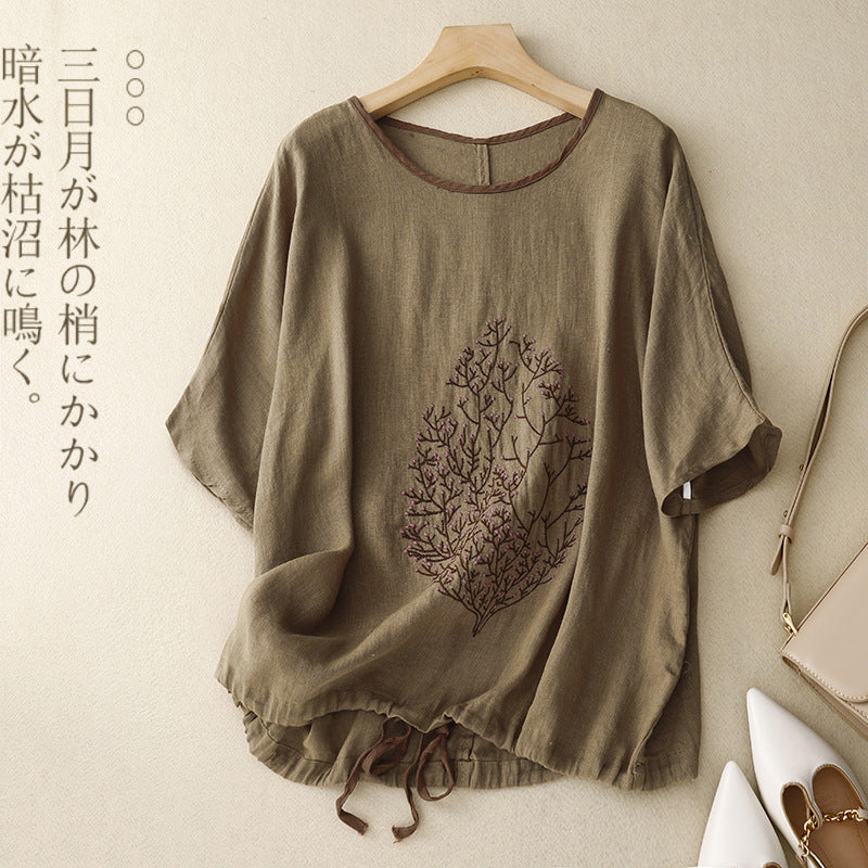Real shot 2025 summer new literary loose embroidery flower cotton and linen round neck short-sleeved T-shirt women's drawstring top #9380