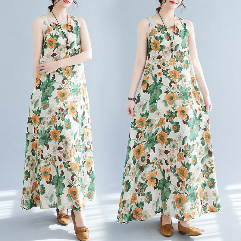Real shot 2024 summer new bohemian loose cotton and linen printed sleeveless dress women's vest skirt #8611