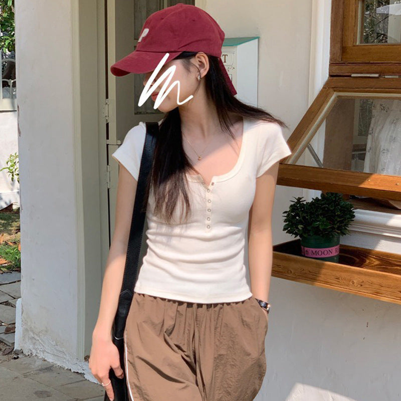 Threaded cotton button-up T-shirt women's short-sleeved 2026 summer new square collar versatile outer wear slim-fitting and thin top bottoming shirt