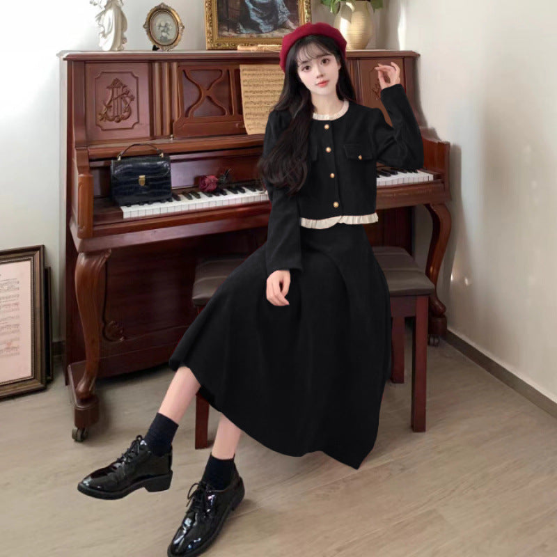 Autumn and winter small fragrant style suit skirt slim top large size fat mm French red corduroy half dress