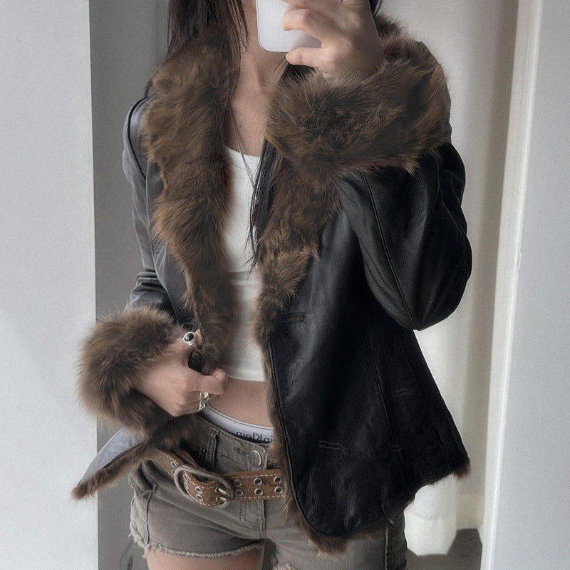 American winter new fur collar V-neck spliced leather jacket street hottie fashion slim fit warm jacket