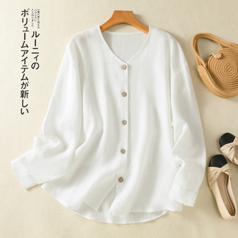 Real shot 2025 spring new literary loose solid color V-neck long-sleeved shirt women's shirt top #5859