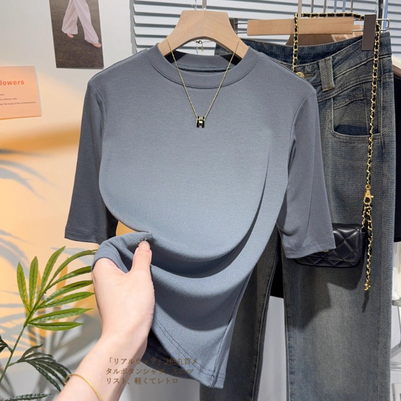 Iron gray half-sleeved T-shirt women's five-quarter-sleeved small stand-up collar medium-sleeved bottoming shirt spring and autumn style with front shoulder and outer top