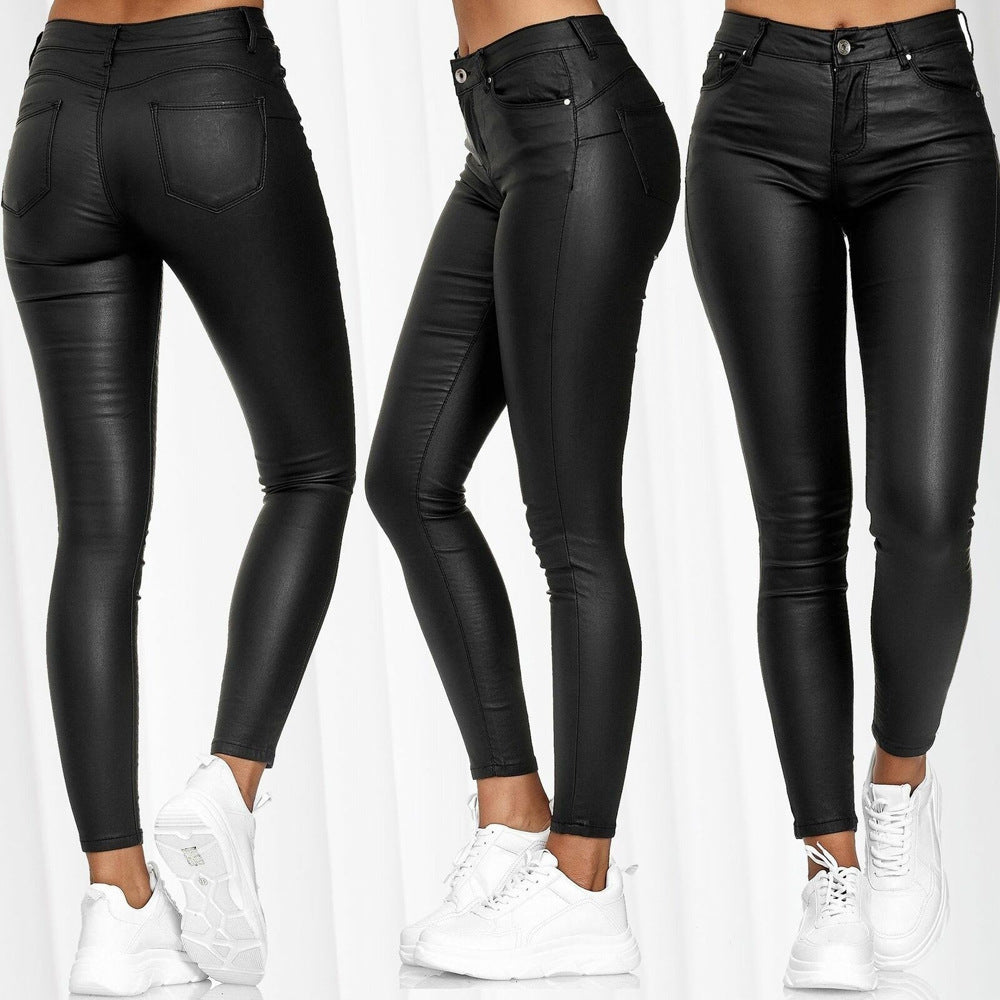 Cross-border Amazon 2025 Women's New Fashion High Waist Solid Color Leather Casual Pants Pants Leather Pants Long Pants Women