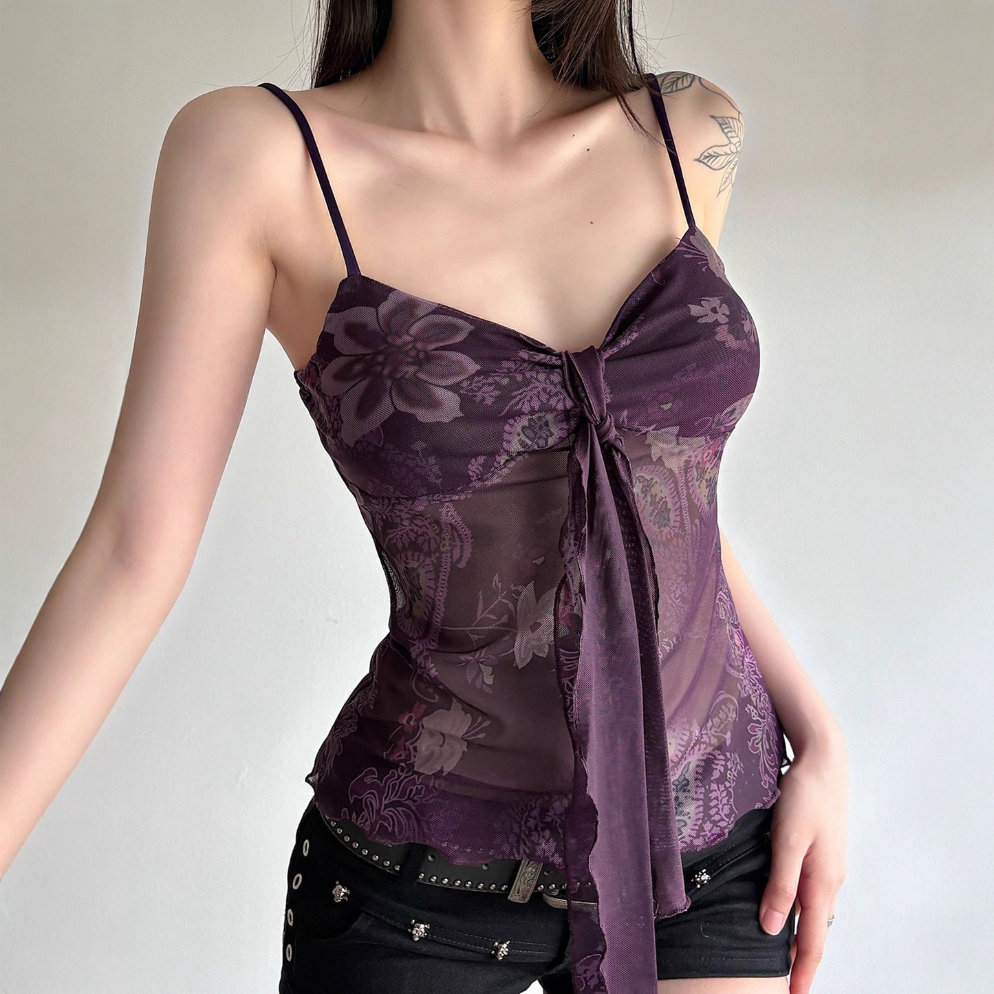 Love cloth forget retro ethnic style print pleated chest strap mesh vest Spice girl sexy suspender top