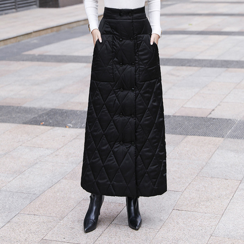 Real shot 2024 winter new double-breasted one-piece thermal cotton skirt women's thickened A-shaped skirt hip-wrapped long skirt