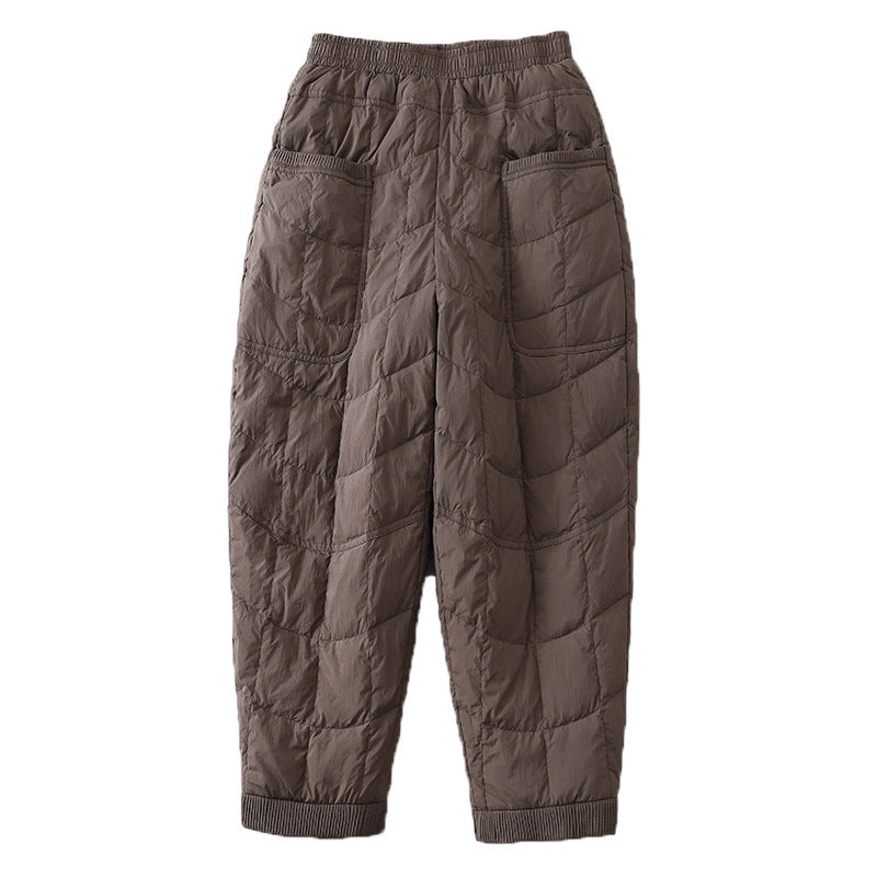 Real shot 2024 winter new solid color threaded splicing padded cotton warm thickened casual pants elastic waist cotton pants women