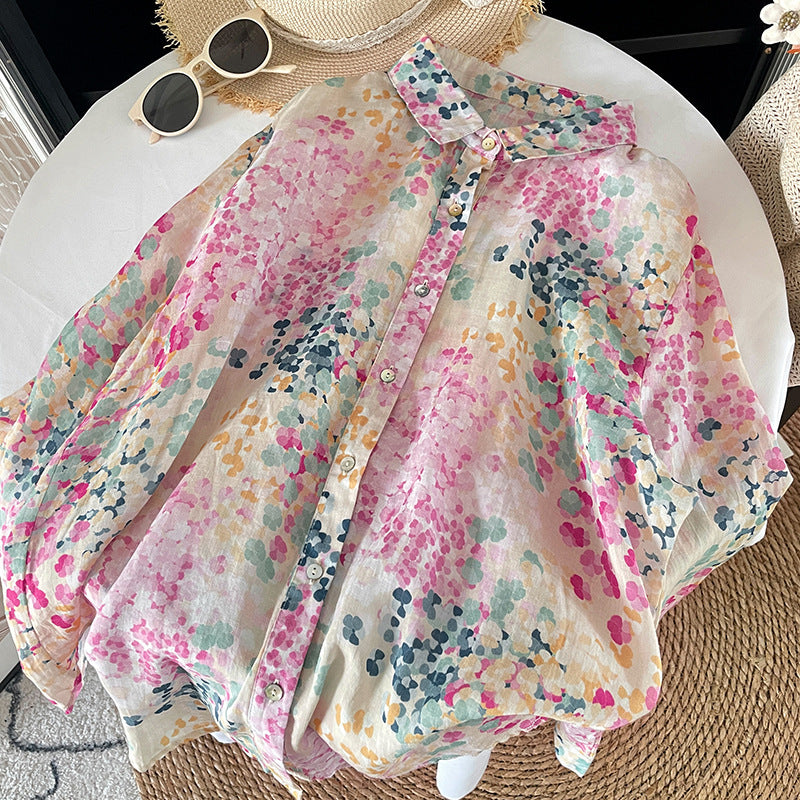 Real shot 2025 autumn new literary loose cotton and linen printed lapel long-sleeved shirt blouse top #9011