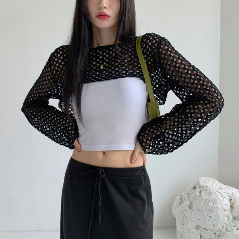 Street vacation style personalized grid splicing lace-up hooded hollow sunscreen blouse women's versatile sports and leisure top