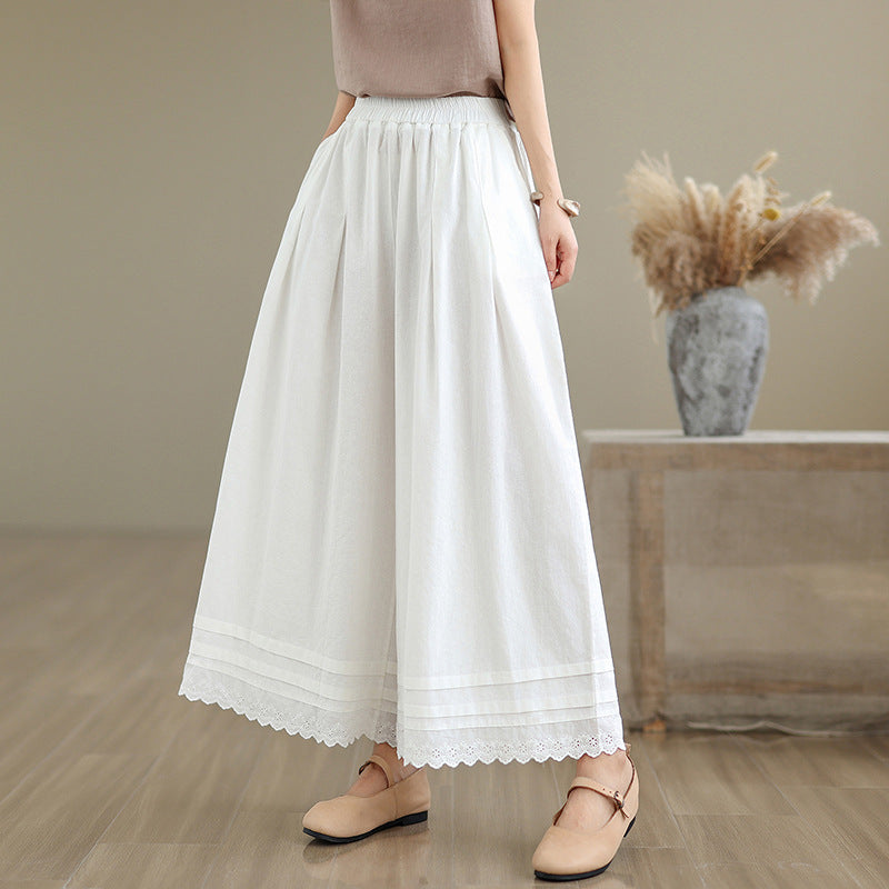 Real shot 2025 summer new Mori women's cotton and linen washed lace wide-leg pants loose and thin casual pants women