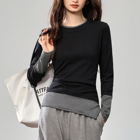 #40 combed pure cotton #design sense splicing striped fake two-piece long-sleeved t-shirt women's bottoming shirt autumn outerwear top