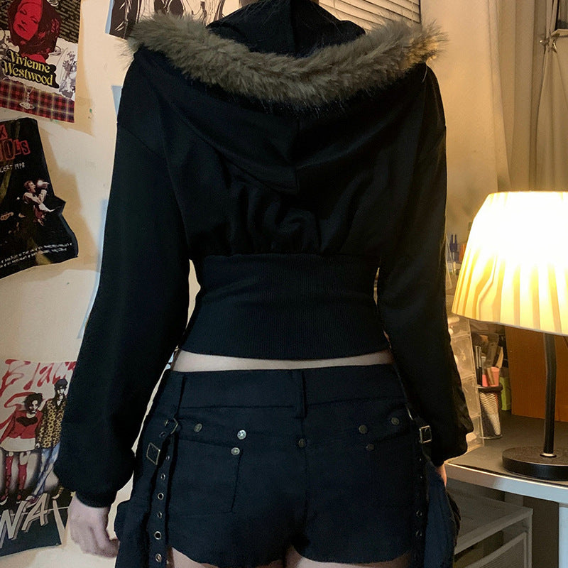 Love cloth forget hair fur collar hooded waist thin zipper jacket waist design Spice girl slim fit versatile sweater