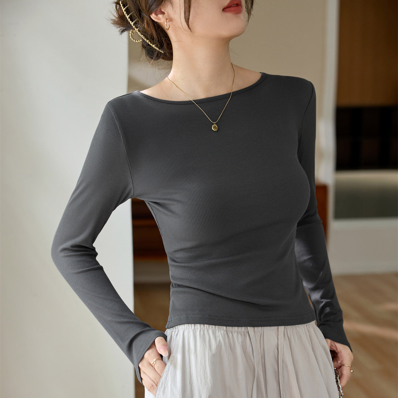 #Selection of high-quality products #One-word small round neck slim-fitting and thin T-shirt women's long-sleeved 2026 autumn new inner bottoming shirt