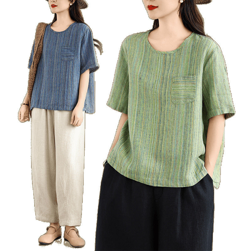 Real shot 2025 summer new cotton and linen literary retro striped short-sleeved shirt top T-shirt women