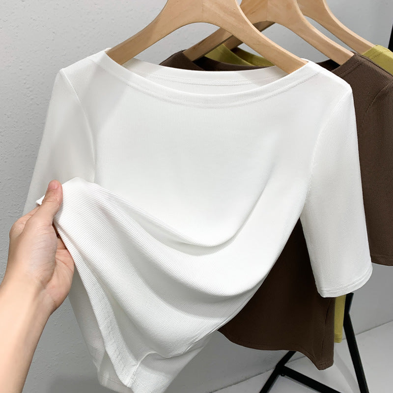 Medium-sleeved t-shirt women's 2025 new women's clothing solid-color threaded half-sleeved t-shirt temperament one-word shoulder elastic waist top