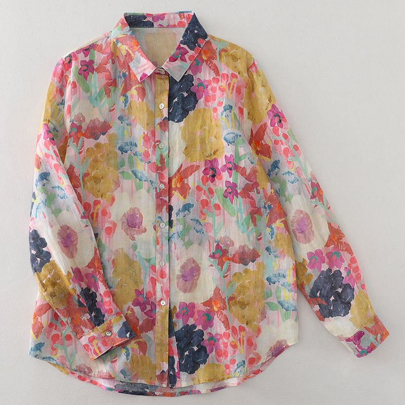 Real shot Spring 2025 new cotton and linen floral French niche printing long-sleeved shirt blouse #1077
