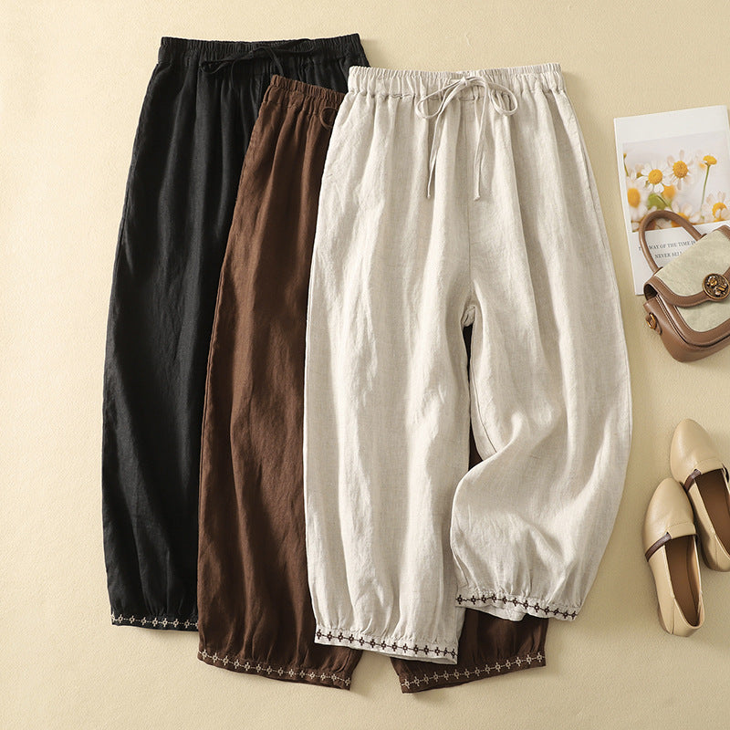 Real shot 2025 summer new cotton and linen retro literary and artistic embroidered bloomers women's lace-up elastic waist loose casual pants