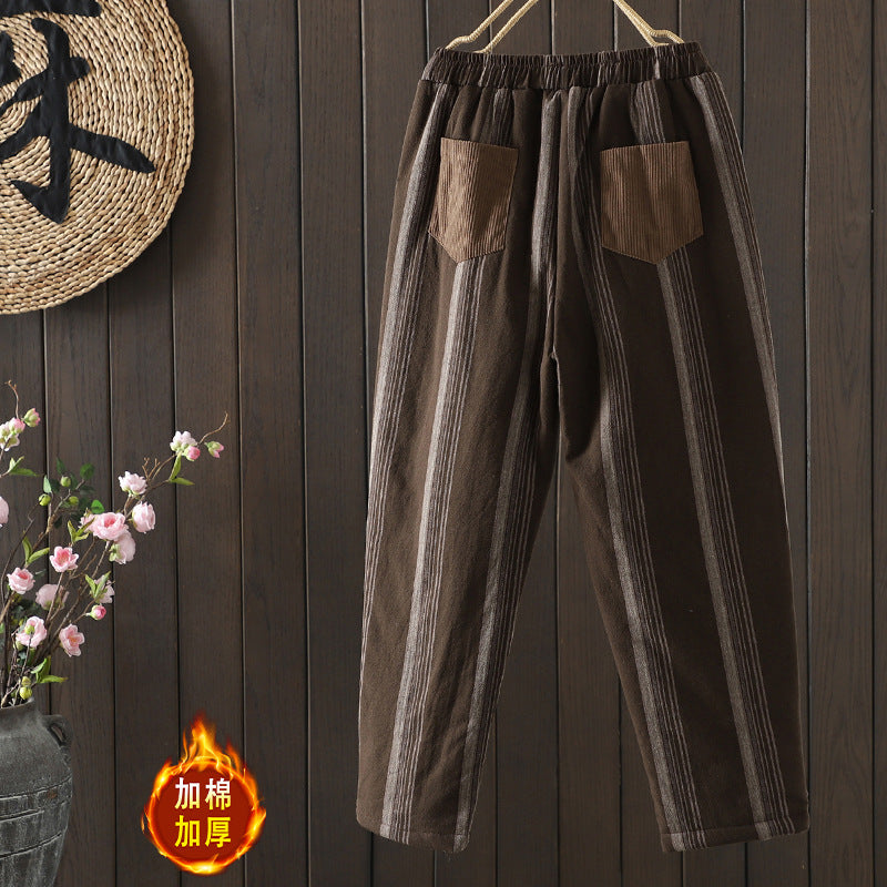 Real shot 2025 autumn and winter new literary loose vertical stripe casual padded cotton warm Harlan pants cotton pants outer wear
