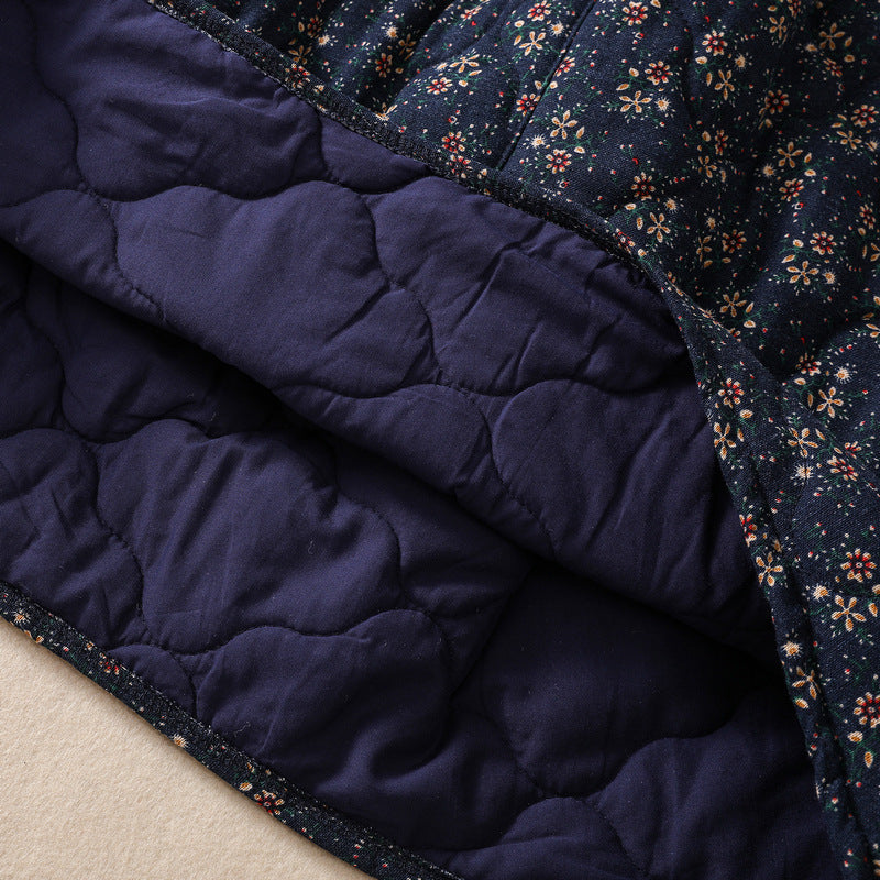 Real shot 2025 autumn and winter literary and artistic small floral cotton and linen padded cotton elastic waist thickened warm medium and long skirt women