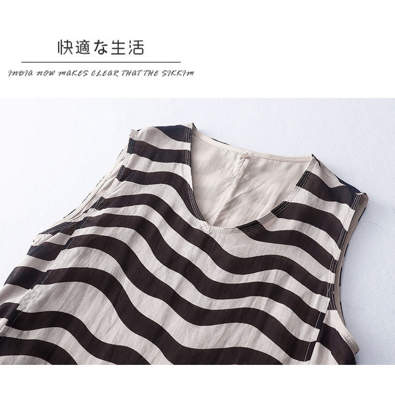 New cotton and linen dark grid 2023 striped single-layer printing light and cool V-neck sleeveless dress women