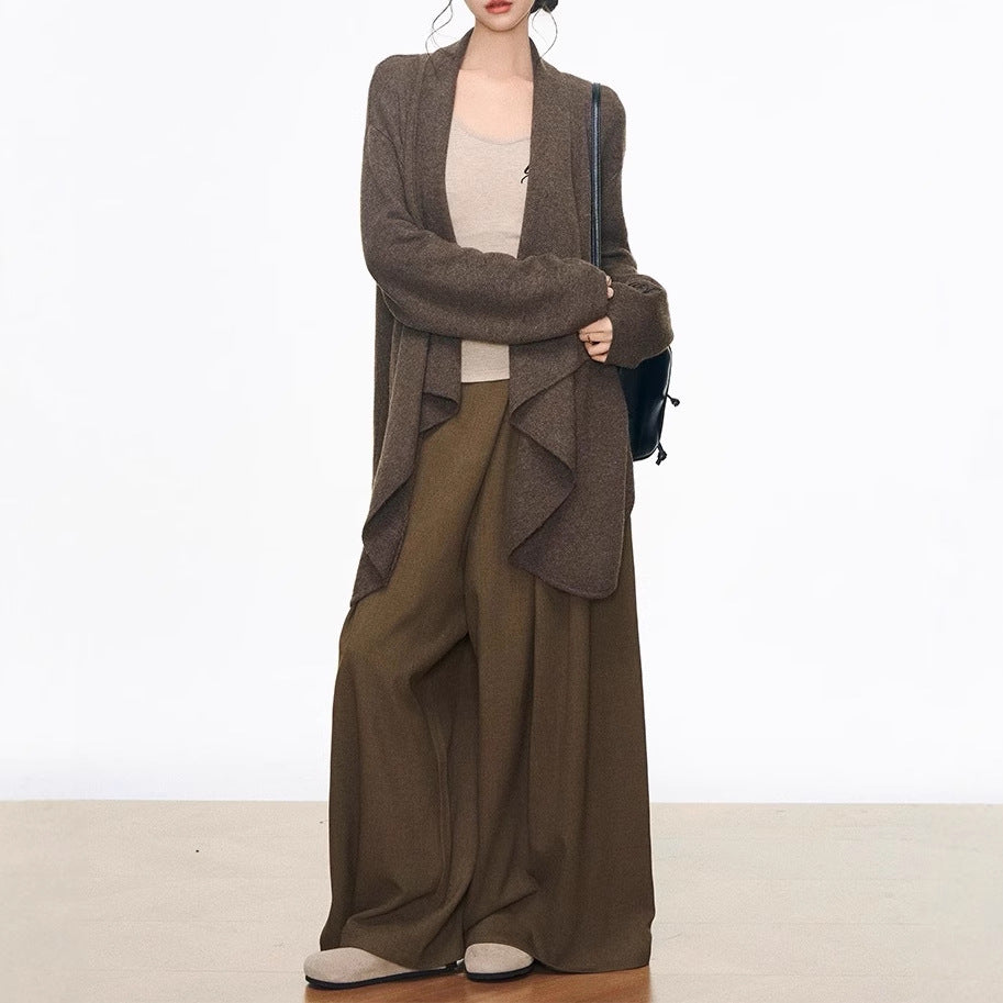WESTAYONE medium and long sweater cardigan women's Korean lazy + V-neck bottoming shirt + wide-leg pants