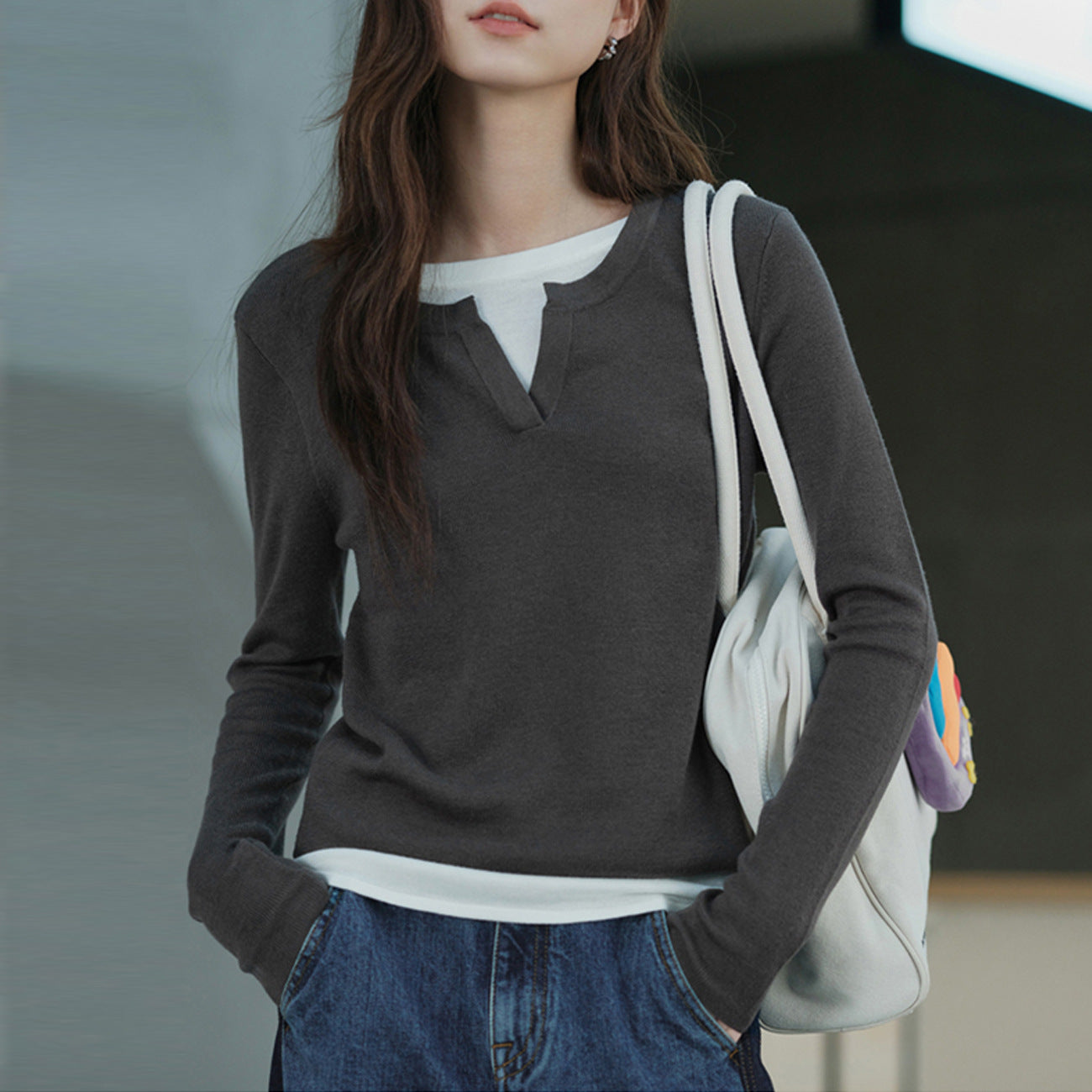 #Blended light modal cotton skin-friendly and soft #color matching fake two-piece T-shirt women's 2026 autumn and winter long-sleeved bottoming shirt