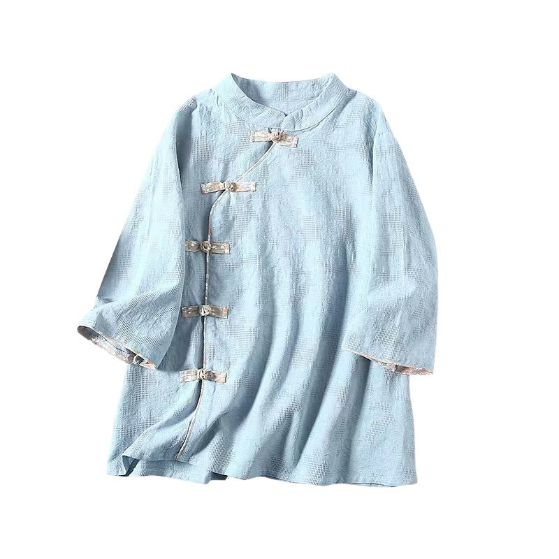2024 summer new cotton and linen diagonal placket floral disc buckle stand-up collar medium sleeve Chinese style literary and retro shirt top women