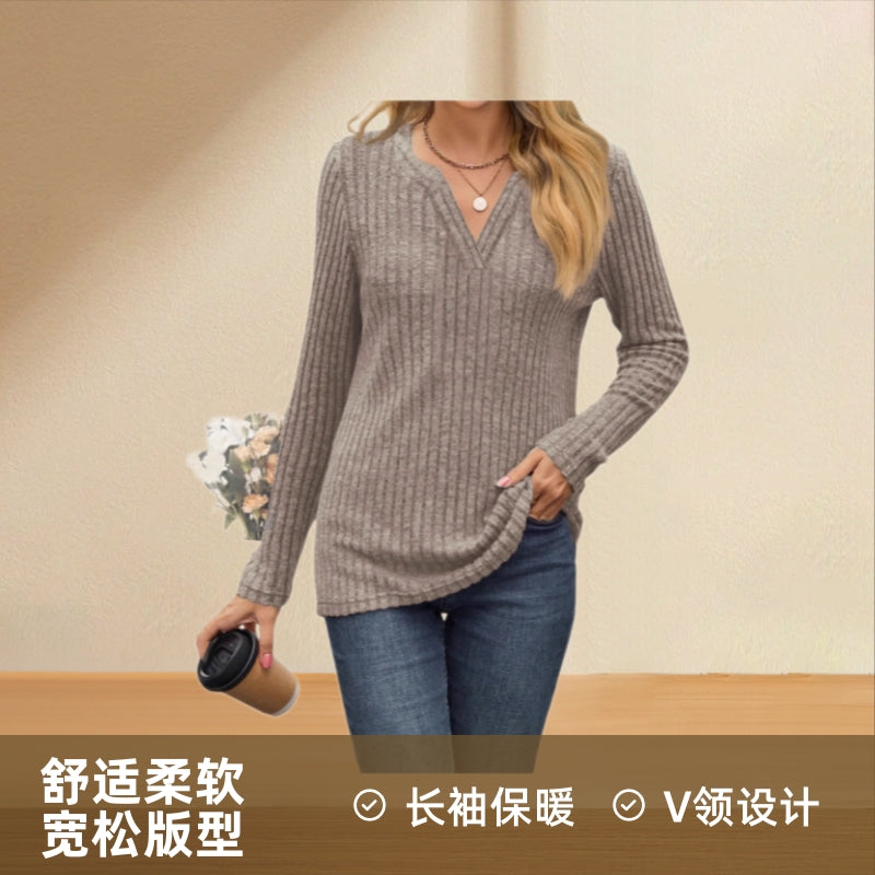 Amazon 2025 European and American cross-border foreign trade autumn and winter new solid color V-neck loose casual long-sleeved T-shirt top women