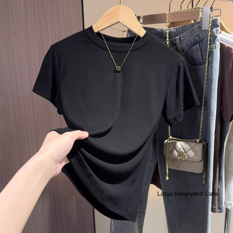Gray-blue short-sleeved T-shirt women's Korean version of versatile summer new small stand-up collar slim-fitting and thin versatile commuter top