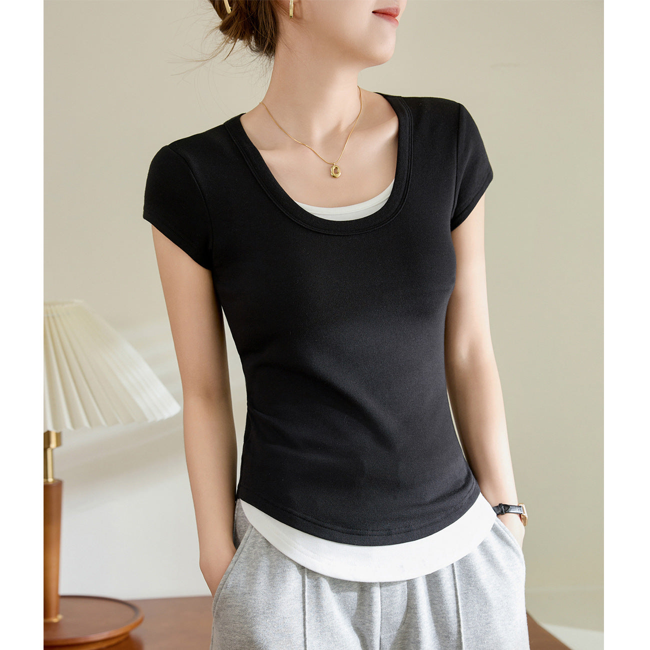 [Contrast color without dyeing] Pure cotton T-shirt women's summer short-sleeved 2026 new curved splicing fake two-piece bottoming shirt