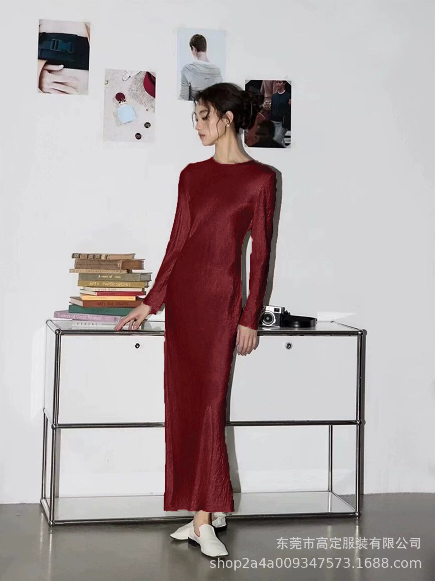 Haute couture 100% acetic acid, spring and autumn French elegance temperament fashionable pole extreme sense satin pleated long-sleeved dress women