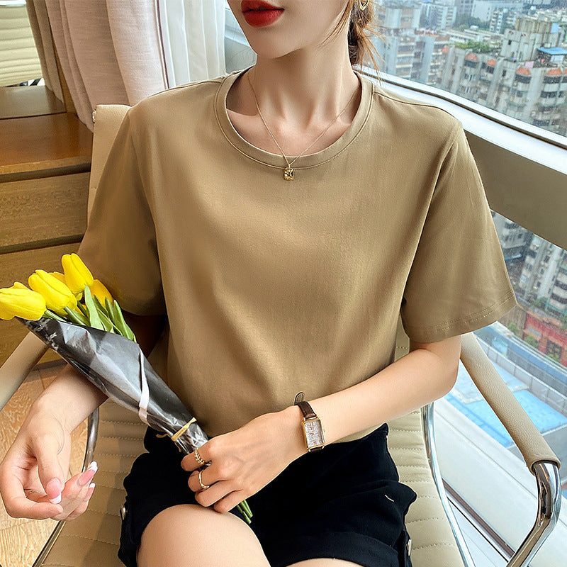 Pure cotton loose short-sleeved t-shirt women's solid color couple's versatile half-sleeved super fire white age-reducing front shoulder summer fashion