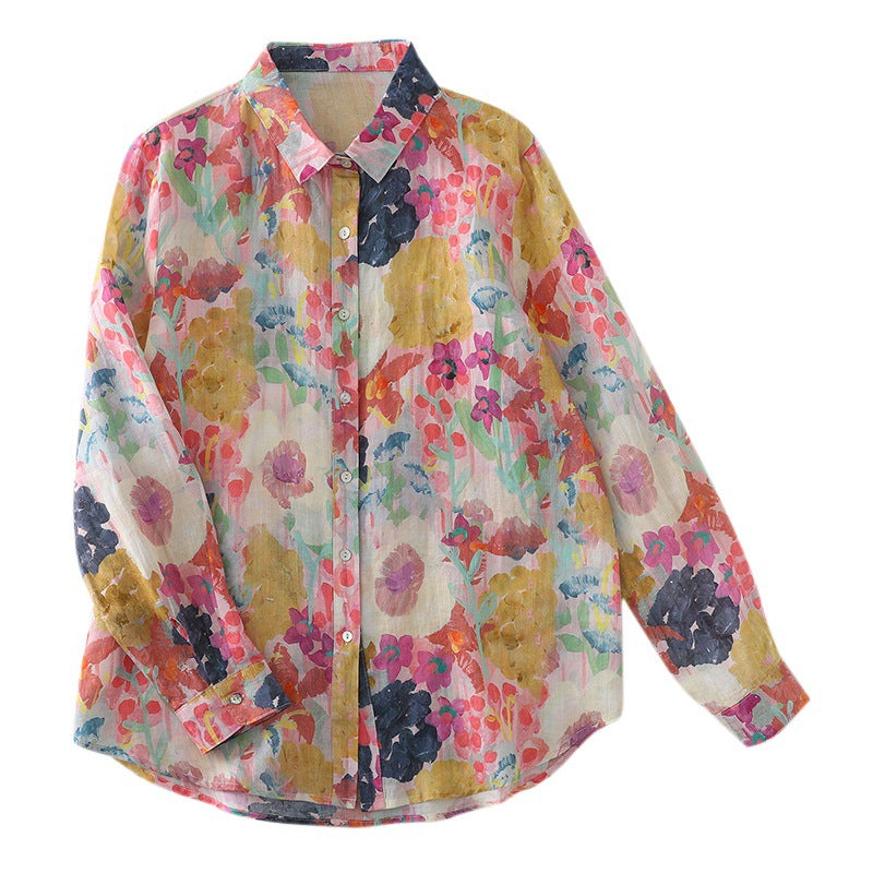 Real shot Spring 2025 new cotton and linen floral French niche printing long-sleeved shirt blouse #1077
