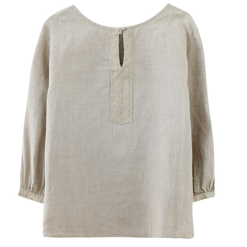 Real shot 2024 summer new cotton and linen literary and retro loose short-sleeved shirt top T-shirt women