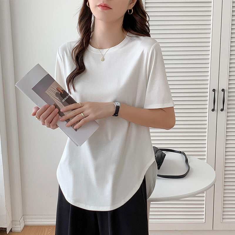 Short-sleeved T-shirt women's loose large version medium and long meat-covered hem curved Roman Tencel half-sleeved ice silk top summer