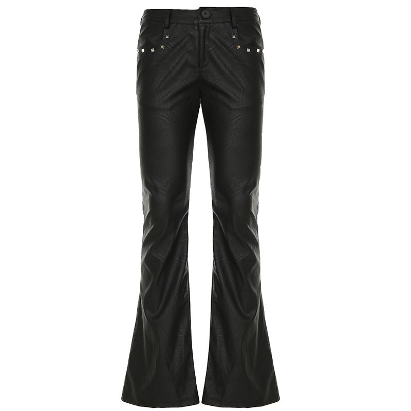 Love cloth forget American street style cool handsome babes rivet low waist leather pants dark rock slim straight trousers