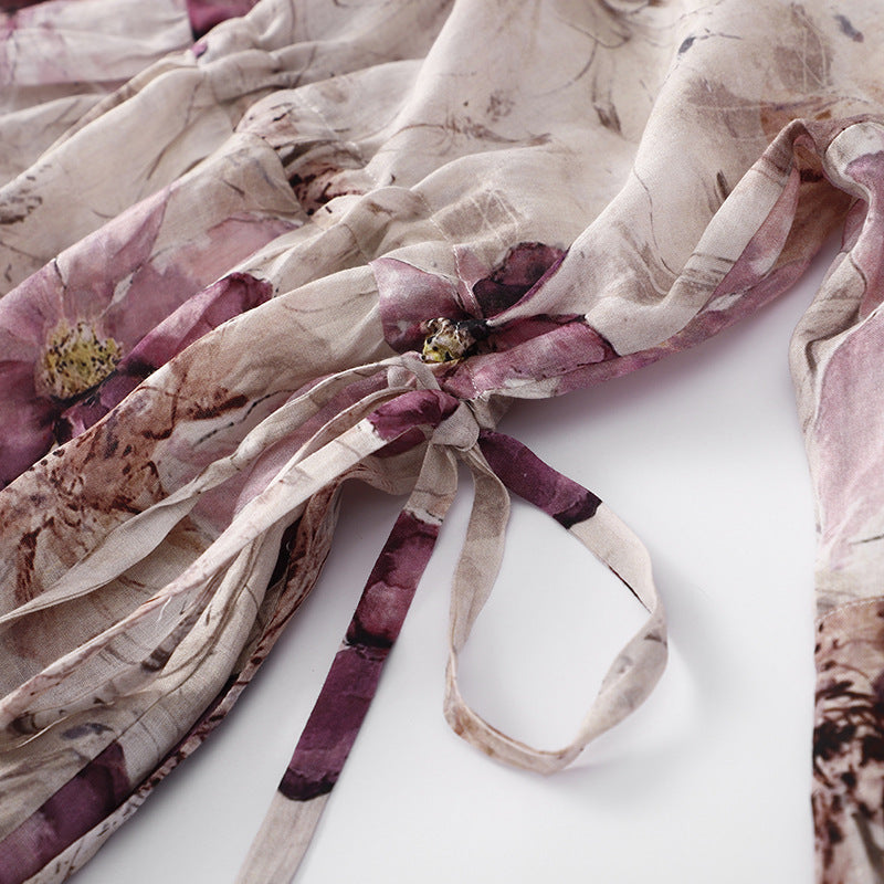 Real shot 2025 summer new literary loose printing round neck five-quarter sleeve dress women's waist medium and long 9020