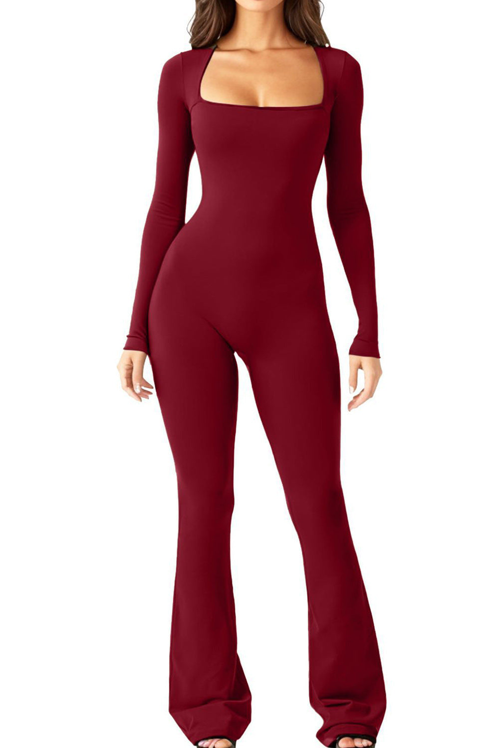 Cross-border Europe, America, Amazon Foreign Trade Women's Long Sleeve Belly Tie Waist Hip Lift Square Neck Wide Leg High Elastic Jumpsuit