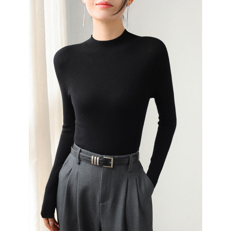 High-end Yangtze yarn semi-turtleneck seamless integrated pullover knitted sweater women's autumn slim-fit full wool backing sweater white