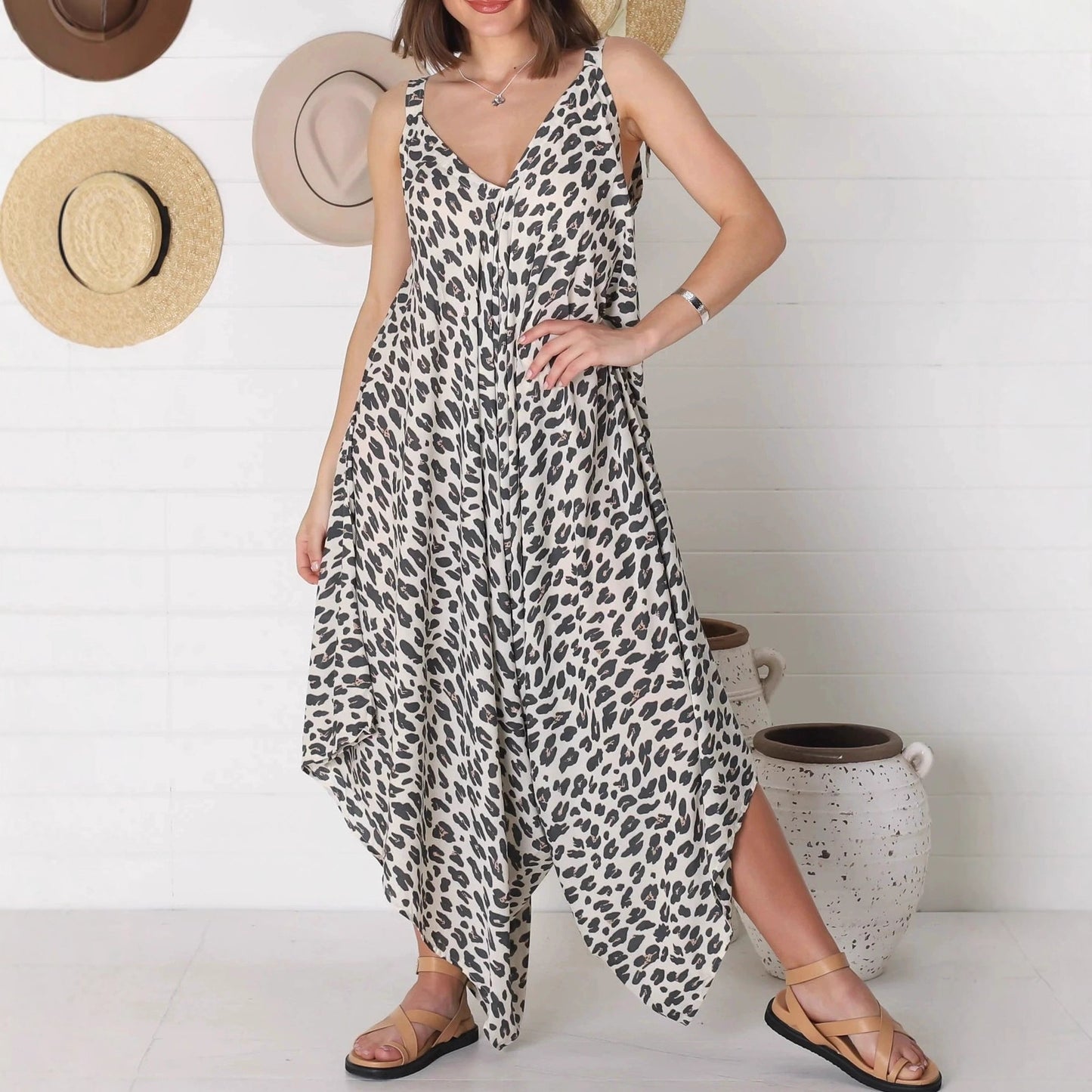 2025 new European and American cross-border women's clothing Amazon independent station one-piece suspender V-neck leopard print wide-leg dress pants