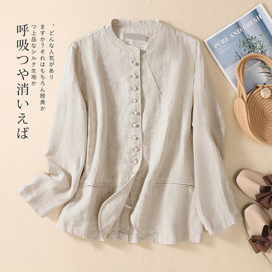 The real shot will be in the spring of 2025. The new literary and loose solid color cotton and linen stand-up collar long-sleeved jacket women's top #7116 #