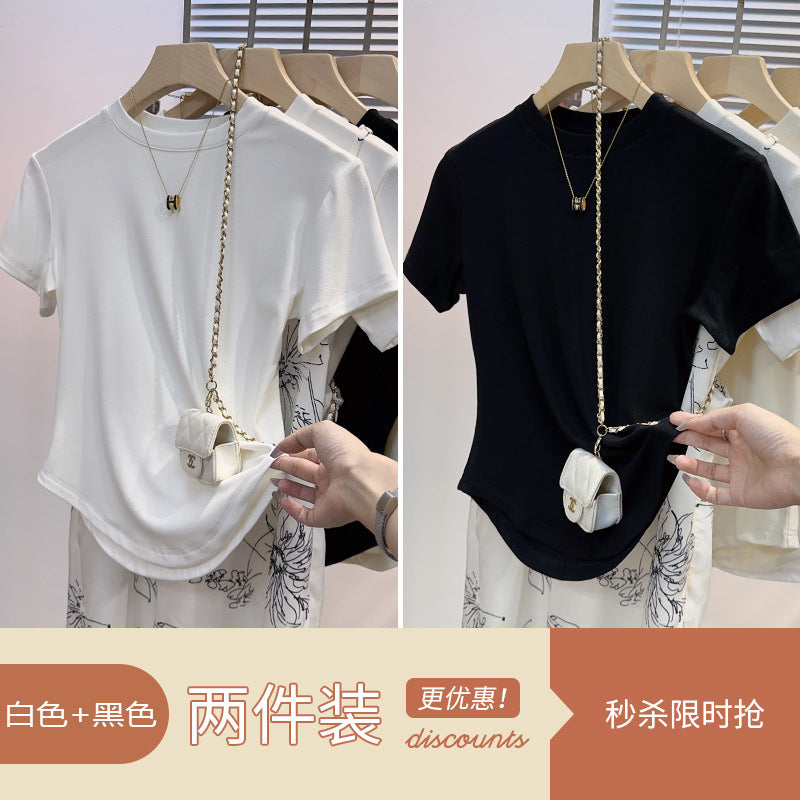 Irregular curved white ice silk short-sleeved t-shirt women's drape feeling slim and thin versatile thin semi-turtleneck top trendy