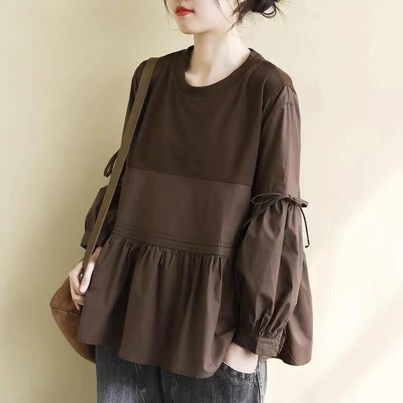 2025 spring new literary loose splicing solid color round neck long-sleeved T-shirt women's lace-up doll shirt top 6232 #