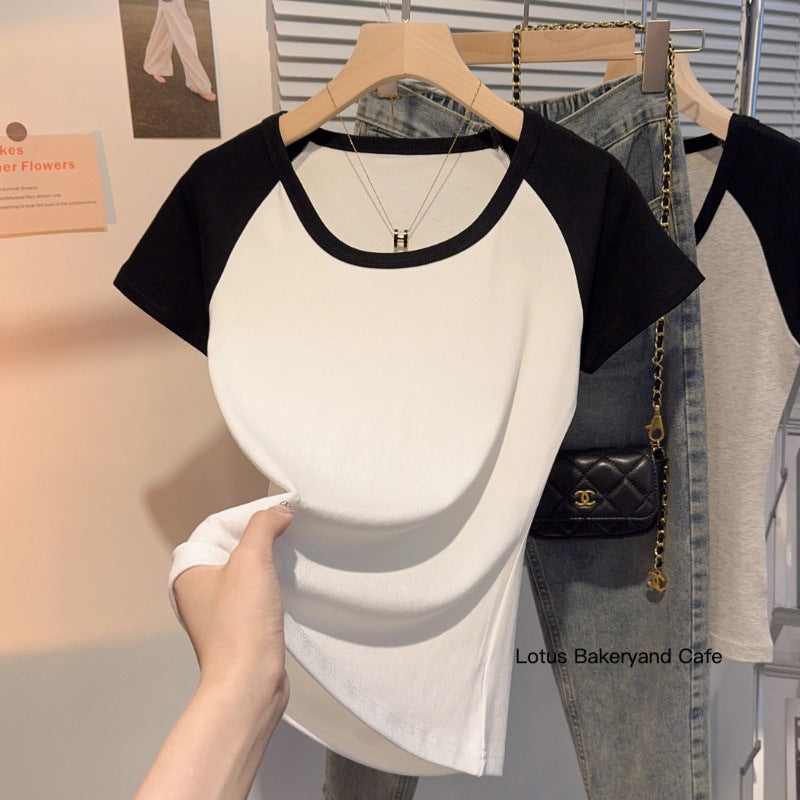 Export to domestic sales apricot threaded thin short-sleeved T-shirt women's summer 2025 new u-neck contrasting top