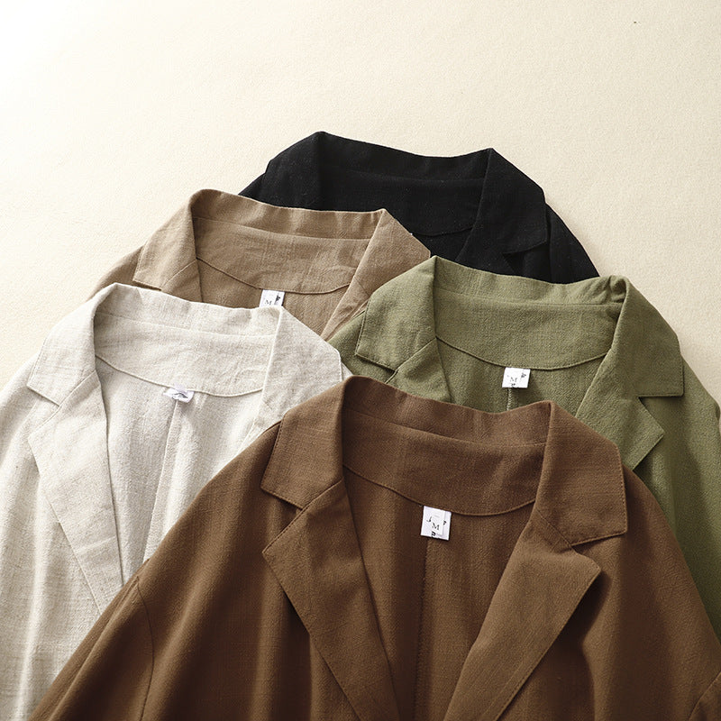 Real shot 2025 spring new literary loose solid color cotton and linen buckle long-sleeved blazer women's top