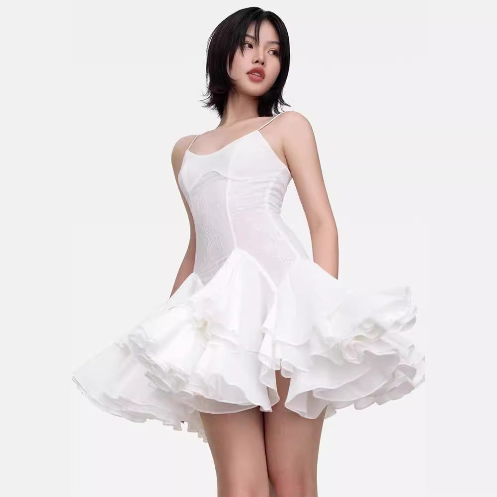 Photography banquet temperament ruffle edge skirt small dress skirt sexy suspender dress pure desire wind off the shoulder