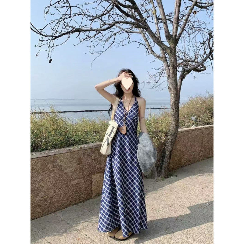 French temperament contrasting color plaid neck suspender skirt women's summer retro high-end dress, thin A-shaped long dress
