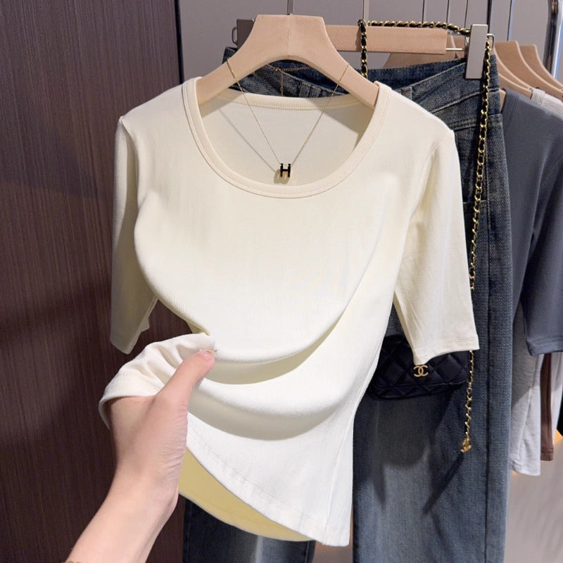 White medium-sleeved t-shirt women's knitted sweater spring and autumn summer basic V-neck bottoming shirt with five-quarter-sleeved top and t-shirt