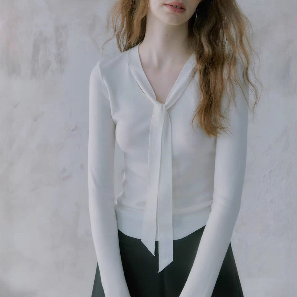 Lyocell silk wool blend! 2-color simple slim-fitting V-neck streamer knitted sweater bottoming shirt for women